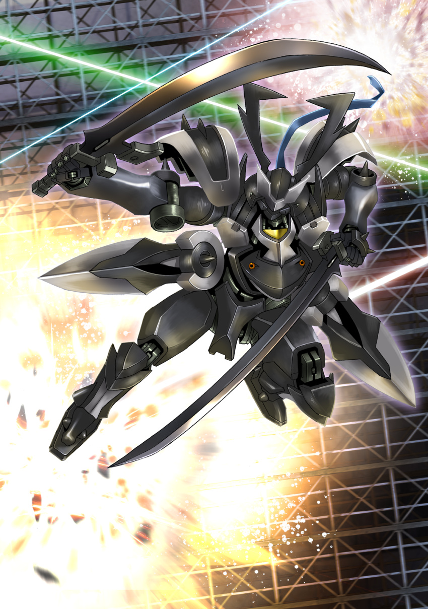 dual_wielding energy_beam explosion gundam gundam_00 highres katana looking_at_viewer mecha no_humans platin_(alios) solo spiked_knuckles susanoo_(gundam) sword weapon