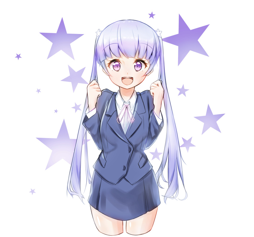 1girl absurdres business_suit dayongqi formal hair_ornament highres long_hair looking_at_viewer new_game! open_mouth purple_hair snowflake_hair_ornament solo star suit suzukaze_aoba twintails violet_eyes