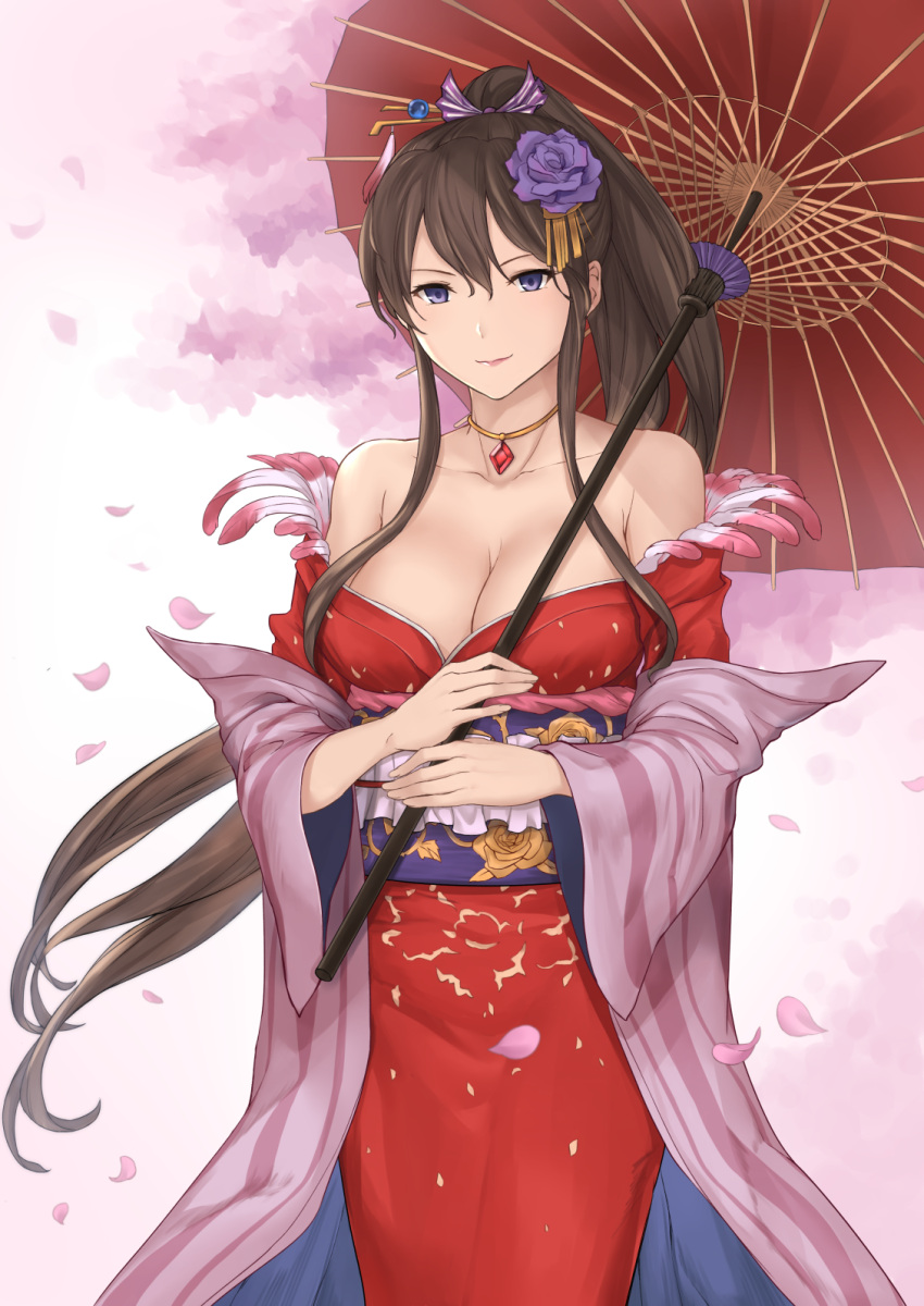 1girl alternate_costume alternate_hairstyle bare_shoulders breasts brown_hair cleavage collarbone female flower granblue_fantasy hair_between_eyes hair_flower hair_ornament highres japanese_clothes jewelry kimono large_breasts long_hair looking_at_viewer neck necklace off_shoulder oriental_umbrella petals red_clothes red_kimono rose rosetta_(granblue_fantasy) sash sidelocks smile solo standing terry_(pixiv3274443) umbrella violet_eyes wide_sleeves