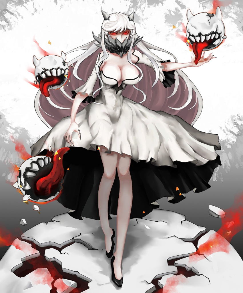 1girl black_nails breasts claws cleavage covered_mouth cracked_floor cracked_shell detached_sleeves dress flying_fortress highres horns kantai_collection large_breasts long_hair looking_at_viewer midway_hime nail_polish outstretched_arm pepii red_eyes shaded_face shinkaisei-kan slippers solo strapless strapless_dress tongue very_long_hair white_dress white_hair wide_hips