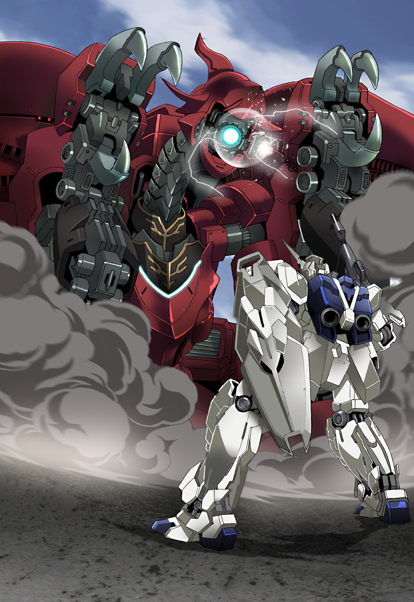 beam_rifle blue_sky claws clouds day energy_cannon energy_gun from_behind gundam gundam_unicorn highres mecha no_humans outdoors platin_(alios) shadow shamblo shield sky smoke unicorn_gundam