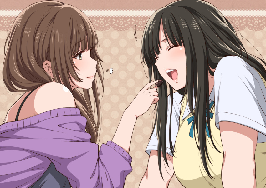 2girls amagami bare_shoulders black_hair brown_hair chocolate highres kamizaki_makoto kamizaki_risa long_hair multiple_girls school_uniform shouji_nigou smile teeth