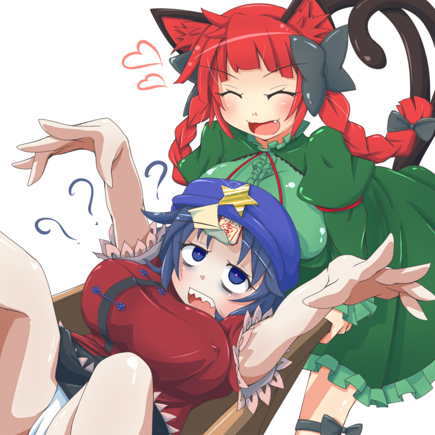 2girls :d ? ^_^ animal_ears bags_under_eyes beret blue_eyes blue_hair bow braid breast_rest breasts breasts_on_head cat_ears cat_tail closed_eyes confused constricted_pupils cowboy_shot dress erect_nipples eyebrows_visible_through_hair fang green_dress hair_bow happy hat heart highres himenomikan jiangshi kaenbyou_rin large_breasts miyako_yoshika multiple_girls multiple_tails nekomata ofuda open_mouth outstretched_arms pale_skin panties redhead sharp_teeth shirt simple_background skirt smile star tail teeth touhou twin_braids underwear wheelbarrow white_background white_panties zombie_pose