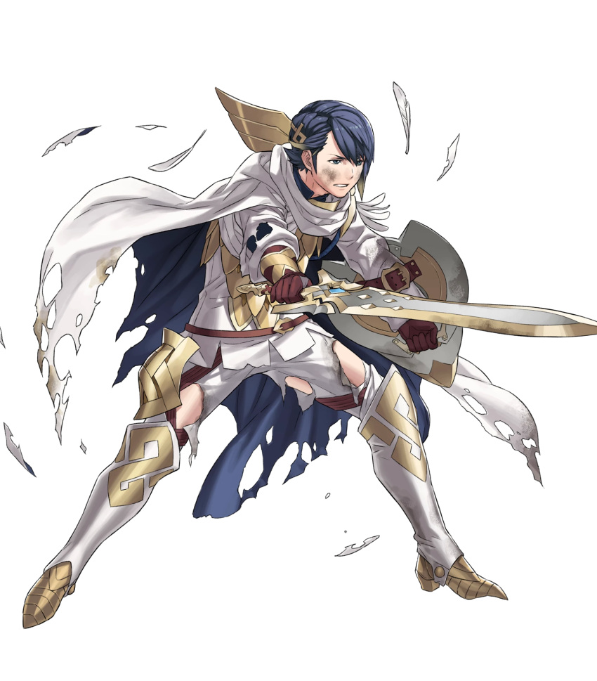 1boy alfonse_(fire_emblem) armor blonde_hair blue_eyes blue_hair boots cape feathers fire_emblem fire_emblem_heroes full_body gloves hair_ornament highres injury kozaki_yuusuke male_focus multicolored_hair official_art shield solo sword teeth transparent_background two-tone_hair weapon