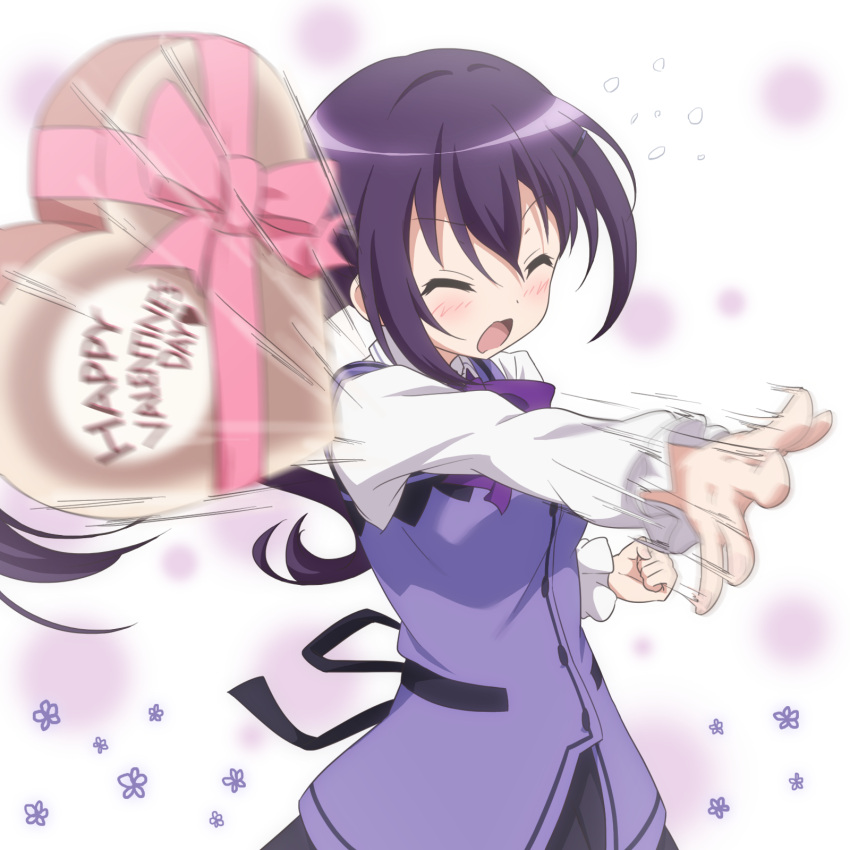 1girl bangs black_skirt blush bow bowtie breasts buttons chocolate chocolate_heart clenched_hand closed_eyes collared_shirt commentary_request cowboy_shot embarrassed english flower flying_sweatdrops gochuumon_wa_usagi_desu_ka? happy_valentine heart highres long_hair long_sleeves medium_breasts motion_lines open_mouth pink_ribbon purple_bow purple_bowtie purple_hair purple_vest rabbit_house_uniform red_star_(toranecomet) ribbon shirt sidelocks skirt solo tedeza_rize throwing twintails two-tone_background valentine vest white_shirt