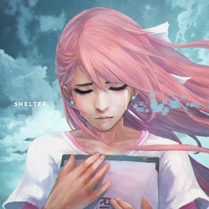 1girl absurdres copyright_name crying digital_dissolve dress earrings eyelashes highres jewelry lips long_hair monori_rogue pink_hair rin_(shelter) shelter_(music_video) sky solo star_(sky) starry_sky stud_earrings tears white_dress