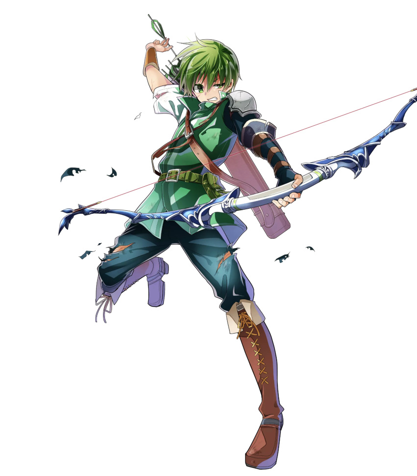 1boy arrow boots bow_(weapon) fingerless_gloves fire_emblem fire_emblem:_mystery_of_the_emblem fire_emblem_heroes full_body gloves gordon_(fire_emblem) green_eyes green_hair highres itagaki_hako male_focus official_art quiver scar solo teeth transparent_background weapon