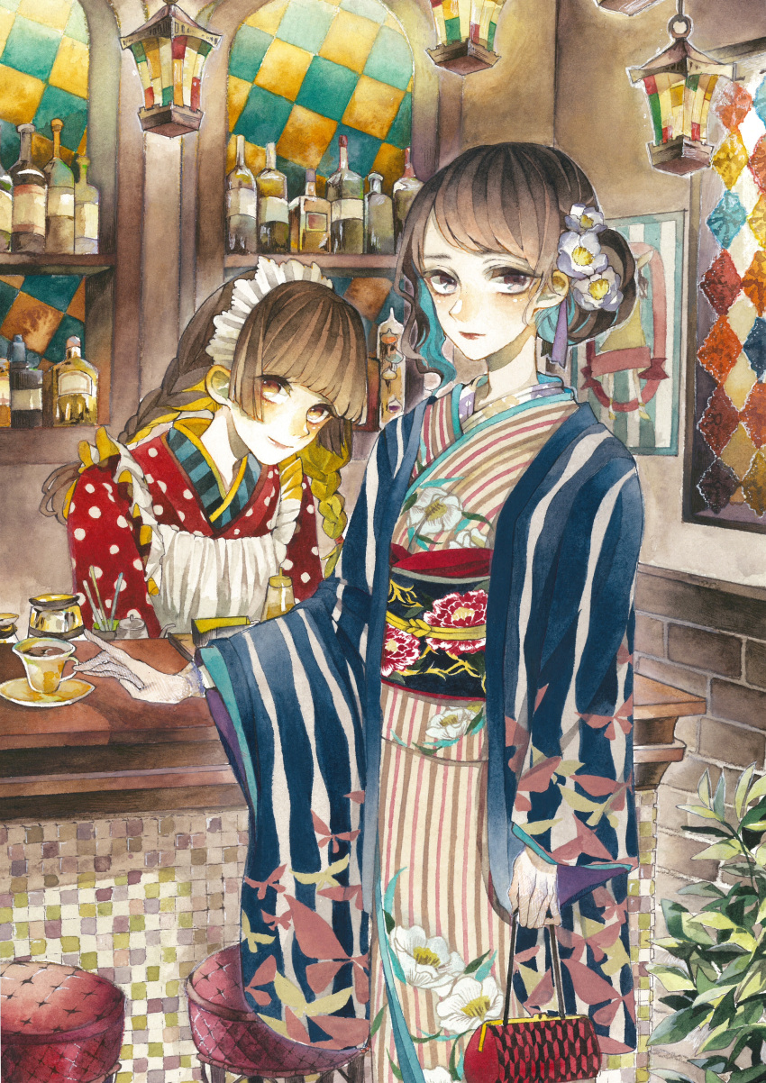 2girls absurdres alcohol apron bottle braid brown_eyes brown_hair coffee counter cup floral_print flower gloves hair_flower hair_ornament hanging_light highres indoors japanese_clothes kimono long_hair looking_at_viewer maid_headdress multiple_girls original pale_skin plant polka_dot poster_(object) remon_(10112) saucer standing stool striped thermometer traditional_media twin_braids watercolor_(medium) white_gloves yukata