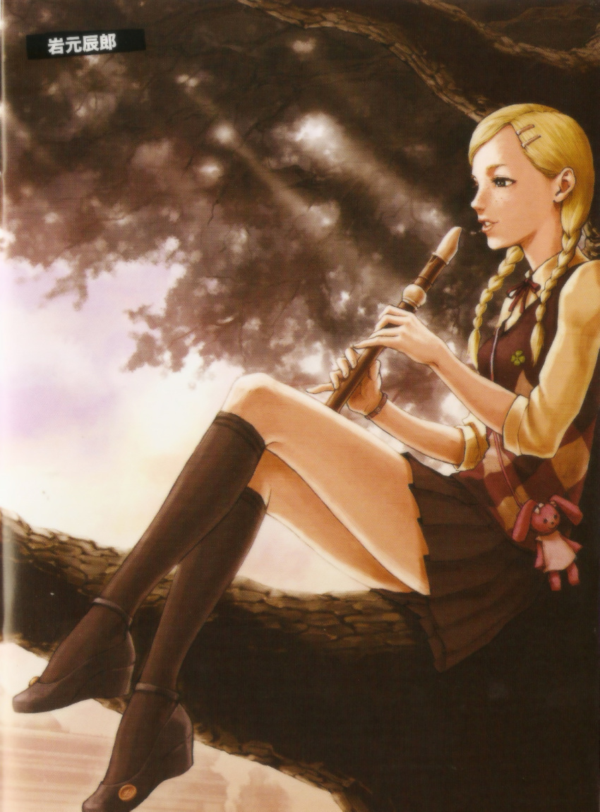 1girl black_shoes blonde_hair braid doll flute grasshopper_manufacture hair_ornament hairpin highres instrument kimmy_howell no_more_heroes no_more_heroes_2 shoes skirt solo tree