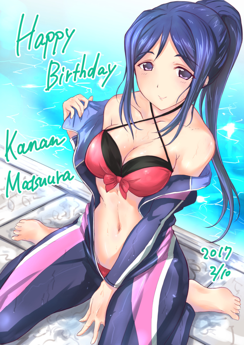 1girl ahharahhar bikini bikini_under_clothes blue_hair breasts character_name cleavage dated happy_birthday highres long_hair looking_at_viewer love_live! love_live!_sunshine!! matsuura_kanan navel ponytail red_bikini solo swimsuit swimsuit_under_clothes violet_eyes wetsuit