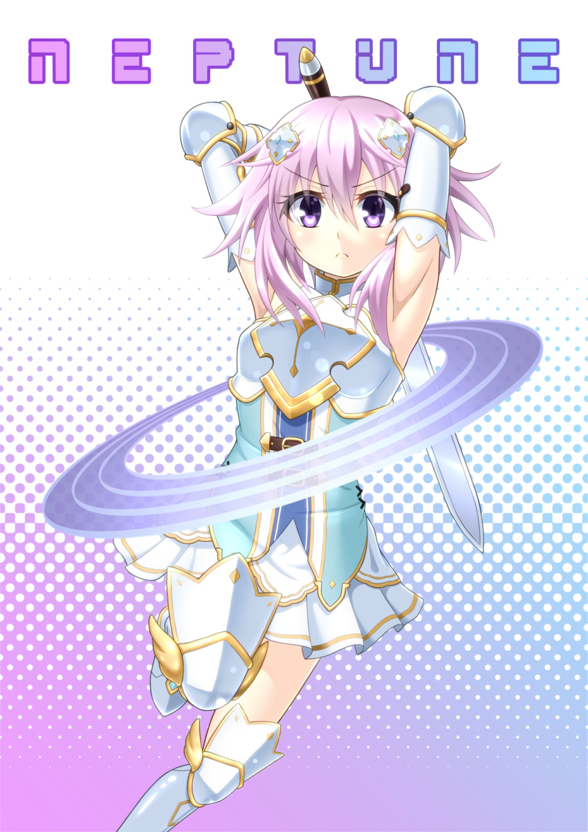 1girl armor armored_boots armpits arms_up boots breastplate choujigen_game_neptune fighting_stance fingerless_gloves four_goddesses_online:_cyber_dimension_neptune full_body gauntlets gloves hair_ornament highres holding holding_weapon looking_at_viewer neptune_(choujigen_game_neptune) neptune_(series) open_mouth pink_hair pleated_skirt sakaki_jin'ya serious short_hair skirt solo sword thigh-highs violet_eyes weapon