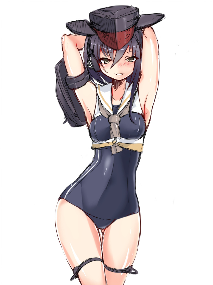 1girl armpits arms_behind_head bare_shoulders black_hair black_swimsuit brown_eyes cowboy_shot eyebrows_visible_through_hair facing_viewer gluteal_fold hair_between_eyes hat highres i-13_(kantai_collection) kantai_collection maron_(kagamikunn) parted_lips sailor_collar school_swimsuit short_hair solo standing swimsuit