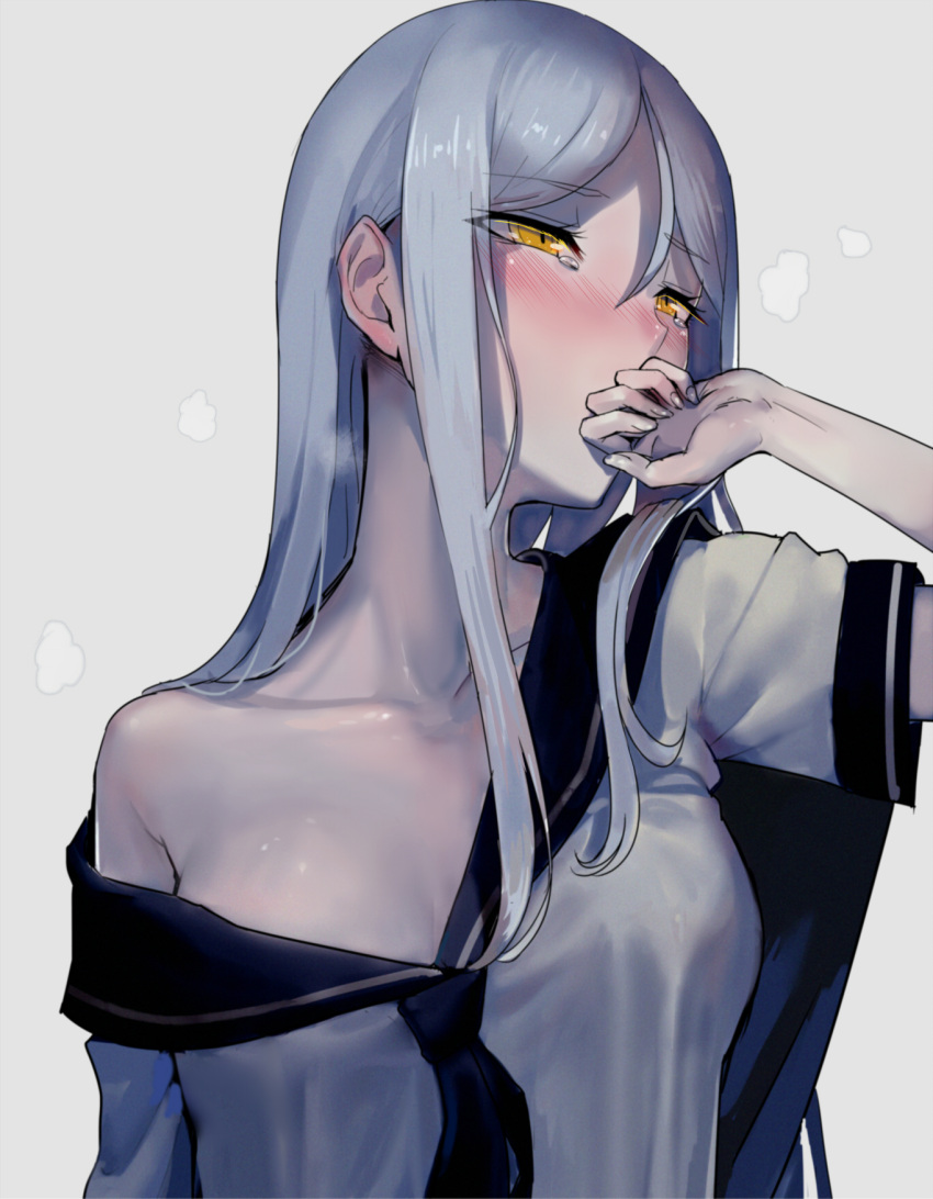 1girl blush breasts collarbone eyebrows_visible_through_hair eyes_visible_through_hair fingernails grey_background hand_to_own_mouth highres kantai_collection long_hair looking_at_viewer medium_breasts neckerchief nose_blush off_shoulder open_clothes open_shirt pale_skin sailor_collar sailor_shirt school_uniform shinkaisei-kan shiny shiny_skin shirt short_sleeves sidelocks silver_hair simple_background solo ta-class_battleship tearing_up walzrj yellow_eyes