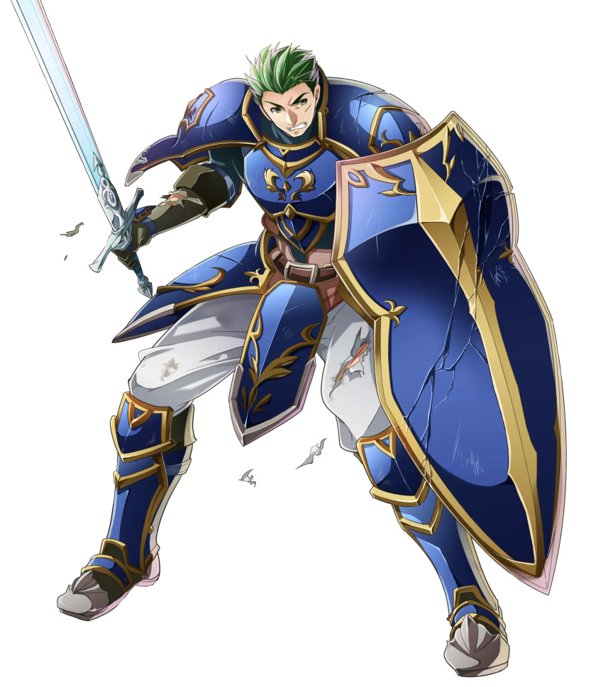 1boy armor armored_boots boots draug_(fire_emblem) fire_emblem fire_emblem:_mystery_of_the_emblem fire_emblem_heroes full_body gloves green_eyes green_hair highres injury itagaki_hako male_focus official_art scar shield solo sword teeth transparent_background weapon
