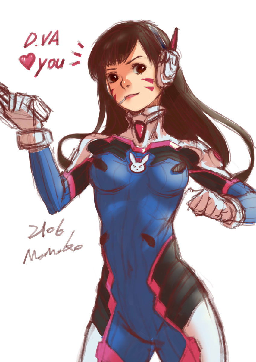 1girl absurdres animal_print artist_name bangs bodysuit breasts brown_eyes brown_hair bunny_print character_name clenched_hand covered_navel cowboy_shot d.va_(overwatch) facepaint facial_mark gloves gun headphones heart high_collar highres holding holding_gun holding_weapon light_smile long_hair looking_at_viewer medium_breasts meng_huo_tao overwatch pilot_suit ribbed_bodysuit shoulder_pads signature sketch skin_tight solo swept_bangs weapon whisker_markings white_gloves
