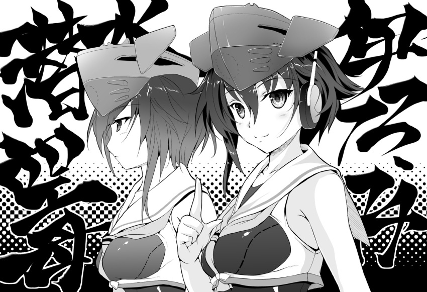 2girls asymmetrical_hair greyscale hair_between_eyes headphones i-13_(kantai_collection) i-14_(kantai_collection) index_finger_raised kantai_collection looking_at_viewer map_(blue_catty) monochrome multiple_girls neckerchief sailor_collar school_swimsuit short_hair swimsuit translation_request upper_body