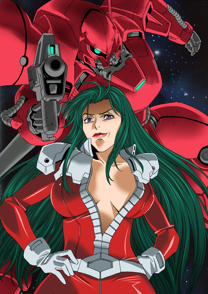 1girl beam_rifle belt blue_eyes breasts breasts_apart center_opening cima_garahau energy_gun gerbera_tetra gloves glowing glowing_eye green_hair gundam gundam_0083 hands_on_hips highres lipstick long_hair looking_at_viewer makeup pilot_suit platin_(alios) smirk space unzipped very_long_hair white_gloves