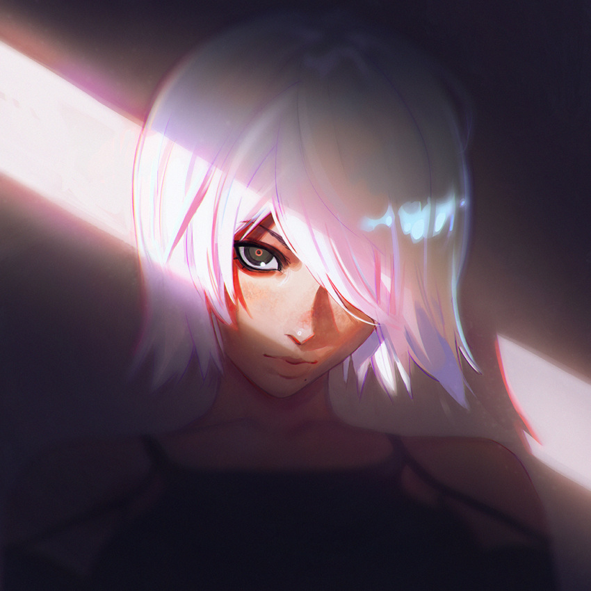 1girl bare_shoulders black_eyes hair_over_one_eye ilya_kuvshinov looking_at_viewer mole mole_under_mouth nier_(series) nier_automata short_hair silver_hair solo upper_body yorha_no._2_type_b