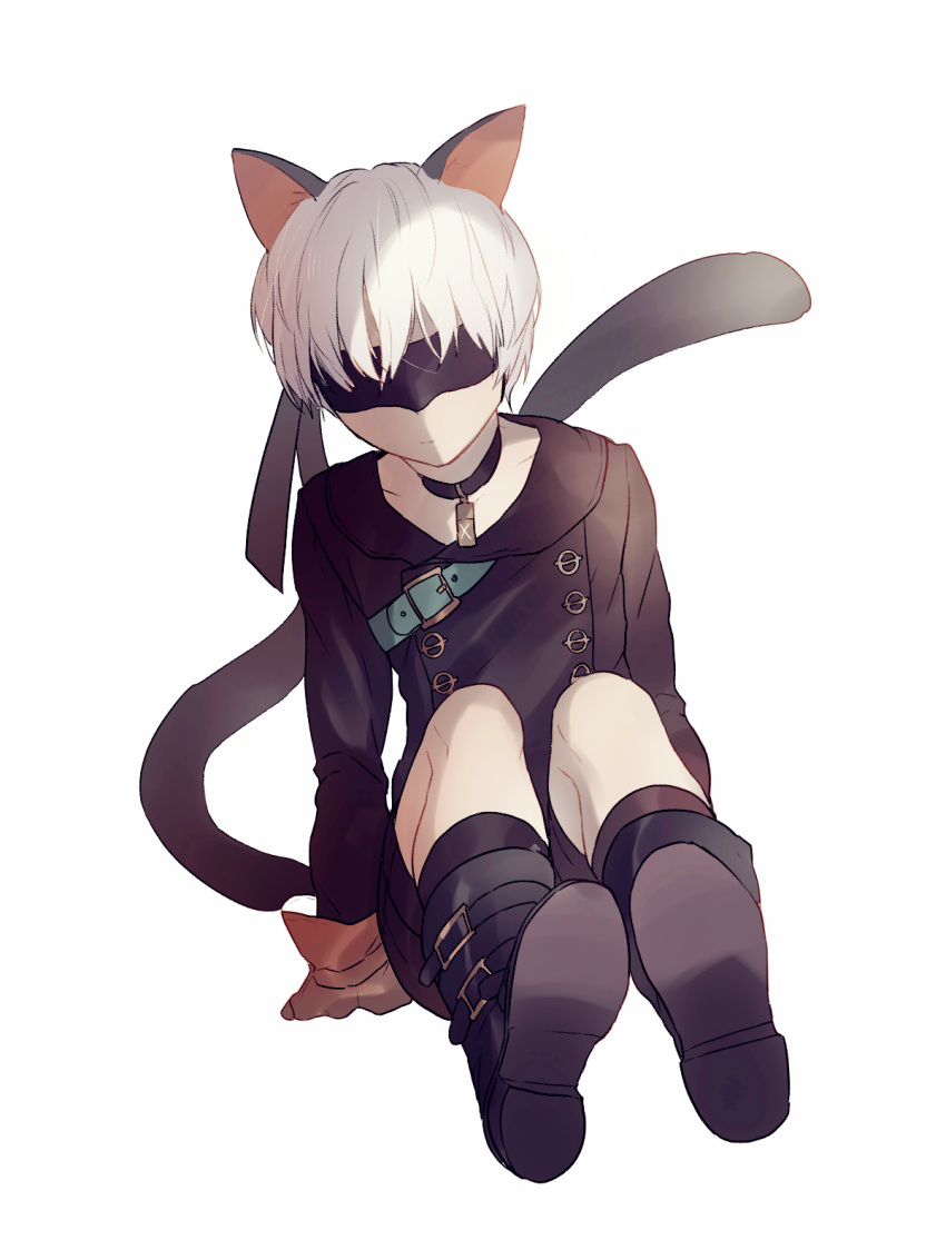 1boy animal_ears blindfold boots cat_ears cat_tail choker highres looking_at_viewer male_focus nier_(series) nier_automata shii_(luochen_xi) short_hair simple_background tail white_hair yorha_no._9_type_s