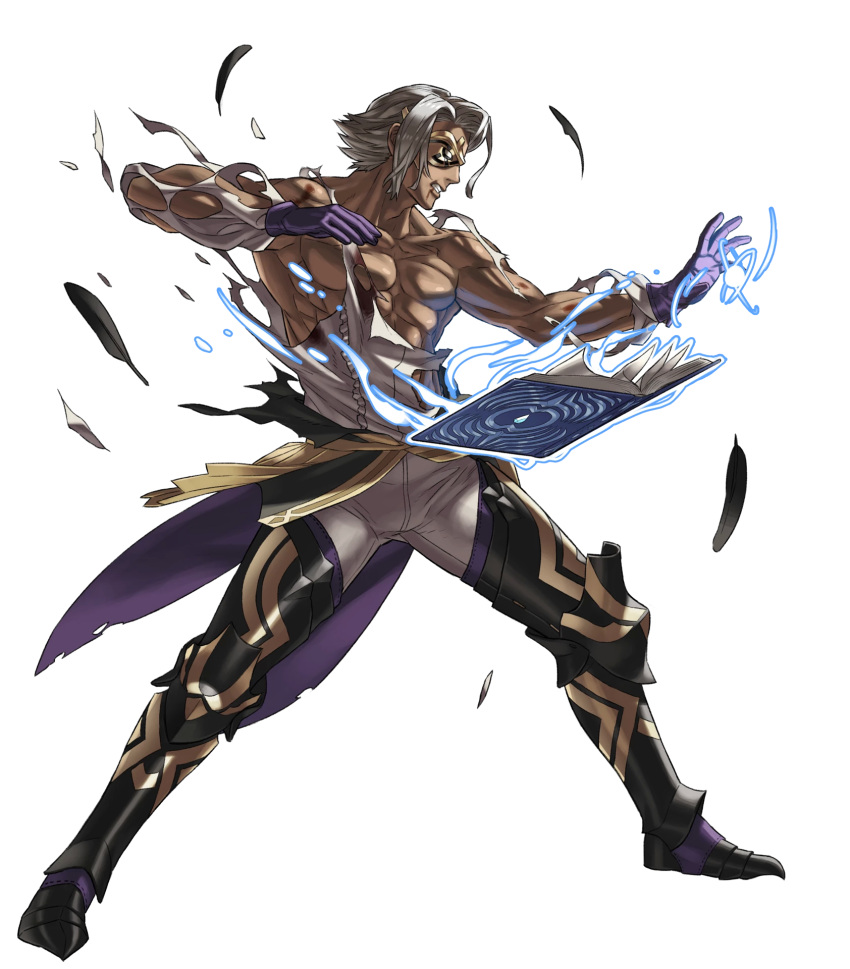 1boy abs armor armored_boots book boots dark_skin feathers fire_emblem fire_emblem_heroes full_body gloves grey_hair highres injury kozaki_yuusuke male_focus mask mysterious_man_(fire_emblem) official_art shirtless solo teeth transparent_background