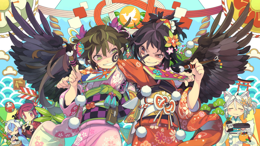 5girls animal_ears arm_around_shoulder bamboo belt_pouch bird bird_wings black_hair blue_hair blue_kimono bottle bowl brown_eyes calligraphy_brush chicken chopsticks closed_eyes commentary_request daruma_doll eating evil_grin evil_smile face_painting fang fang_out flower food food_in_mouth furisode green_eyes grill grin hagoita hair_flower hair_ornament hanetsuki highres himekaidou_hatate holding holding_food horns ink_bottle inkstone inubashiri_momiji japanese_clothes kimono long_sleeves looking_at_another mochi morino_hon multiple_girls mystia_lorelei new_year obi paddle paintbrush pink_kimono pom_pom_(clothes) red_eyes red_kimono redhead rooster sash shaded_face shameimaru_aya smile tail tokiko_(touhou) torii touhou twintails wagashi white_hair white_kimono wide_sleeves wings wolf_ears wolf_tail year_of_the_rooster