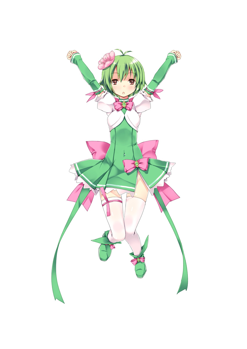 1girl :o absurdres arms_up clenched_hands covered_navel detached_sleeves flower full_body green green_hair hair_flower hair_ornament highres juure_mikku_pandora_puerta looking_at_viewer mari_kakuhara official_art orange_eyes puffy_sleeves refeia short_hair simple_background sky thigh-highs white_background white_legwear