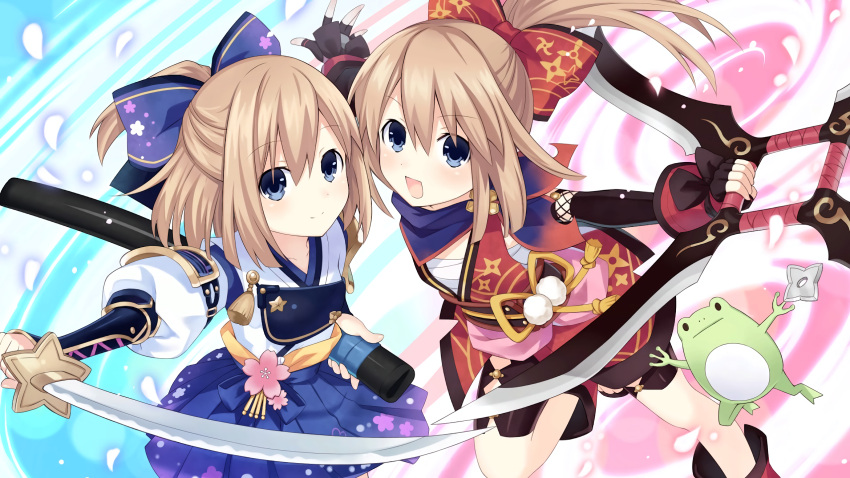 2girls arm_armor bandanna blue_background blue_dress blue_eyes boots bow brown_hair choujigen_game_neptune dress elbow_gloves fighting_stance fingerless_gloves floral_print four_goddesses_online:_cyber_dimension_neptune frog game_cg gloves hair_bow hair_ornament happy highres holding holding_sword holding_weapon japanese_clothes light_brown_hair light_smile looking_at_viewer medium_hair multiple_girls multiple_swords neptune_(series) ninja outstretched_arms outstretched_hand petals pink_background ponytail puffy_sleeves ram_(choujigen_game_neptune) rom_(choujigen_game_neptune) samurai sheath short_hair short_ponytail shuriken siblings sisters sleeve_cuffs smile sword tsunako twins weapon