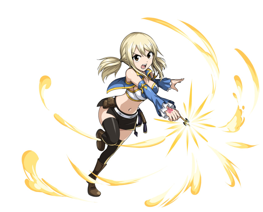 black_legwear blonde_hair boots detached_sleeves fairy_tail full_body furrowed_eyebrows highres holding long_hair lucy_heartfilia midriff navel official_art open_mouth tattoo thigh-highs twintails