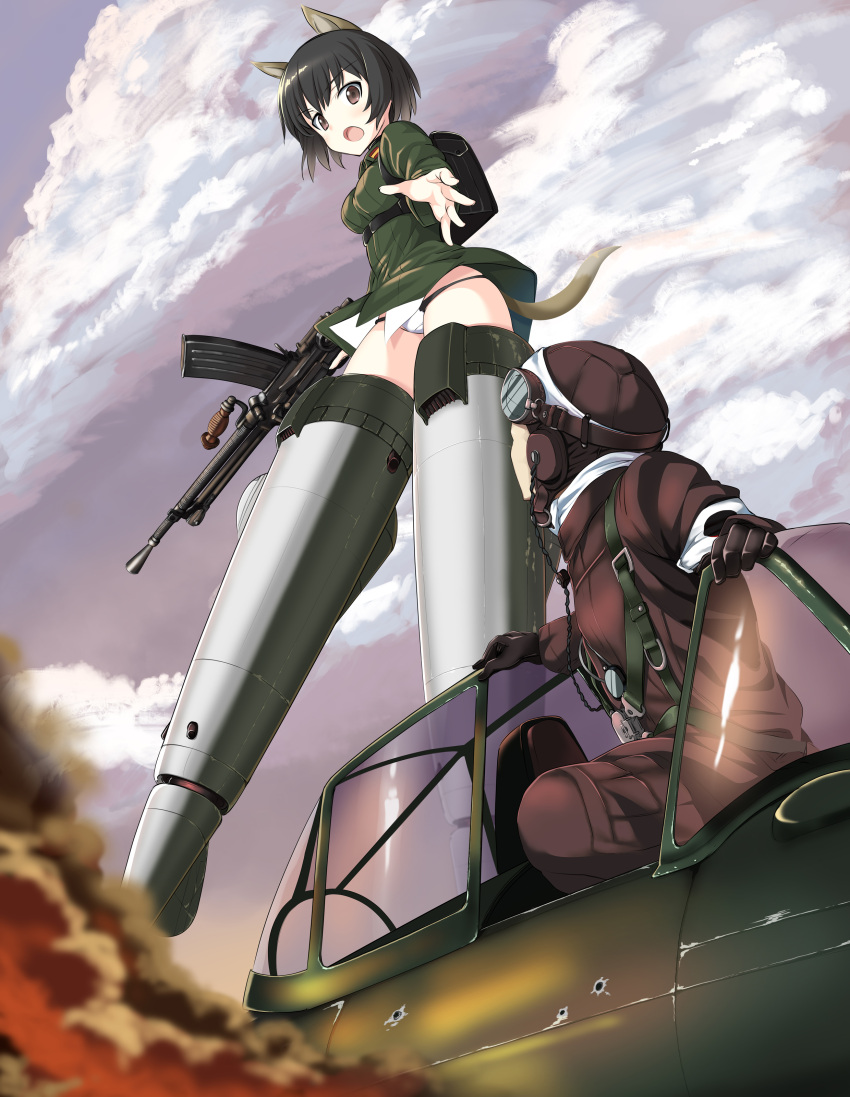 1boy 1girl a9b_(louis814) absurdres aircraft airplane animal_ears backpack bag black_hair brown_eyes bullet_hole dog_ears dog_tail flying gloves goggles gun helmet highres katou_takeko military military_uniform open_mouth panties reaching_out short_hair smoke strike_witches striker_unit tail underwear uniform weapon weapon_request world_witches_series