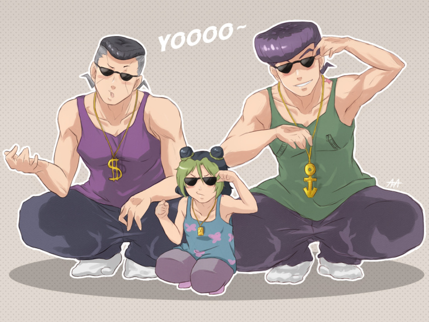 1girl 2boys 7repose anchor black_hair bling child dollar_sign double_bun green_hair grey_hair higashikata_jousuke jewelry jojo_no_kimyou_na_bouken kuujou_jolyne multicolored_hair multiple_boys necklace nijimura_okuyasu no_shoes purple_hair socks squatting sunglasses tank_top two-tone_hair younger