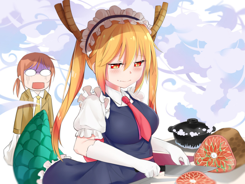 2girls bag blonde_hair blush breasts cooking dragon_girl dragon_tail dust_(394652411) fang food glasses gloves grocery_bag highres horns knife kobayashi-san_chi_no_maidragon kobayashi_(maidragon) large_breasts long_hair maid maid_headdress meat multiple_girls necktie opaque_glasses open_mouth ponytail pot redhead shaded_face shopping_bag slit_pupils steam surprised tail tail_raised tooru_(maidragon) turn_pale twintails white_gloves