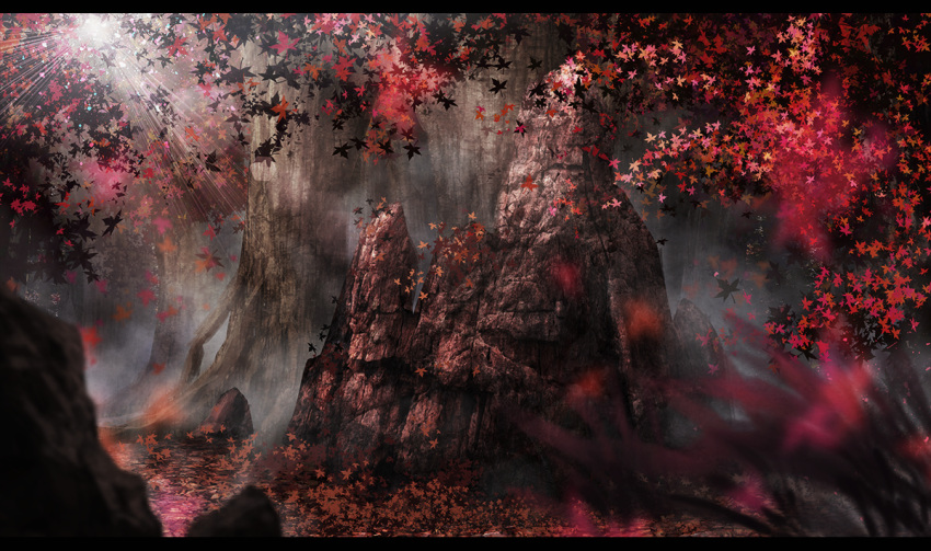 autumn_leaves blurry commentary_request day depth_of_field falling_leaves fantasy forest giant_tree leaf letterboxed light_rays maple_leaf maple_tree nature no_humans original rock scenery sunlight tree tree_shade zennmai_siki