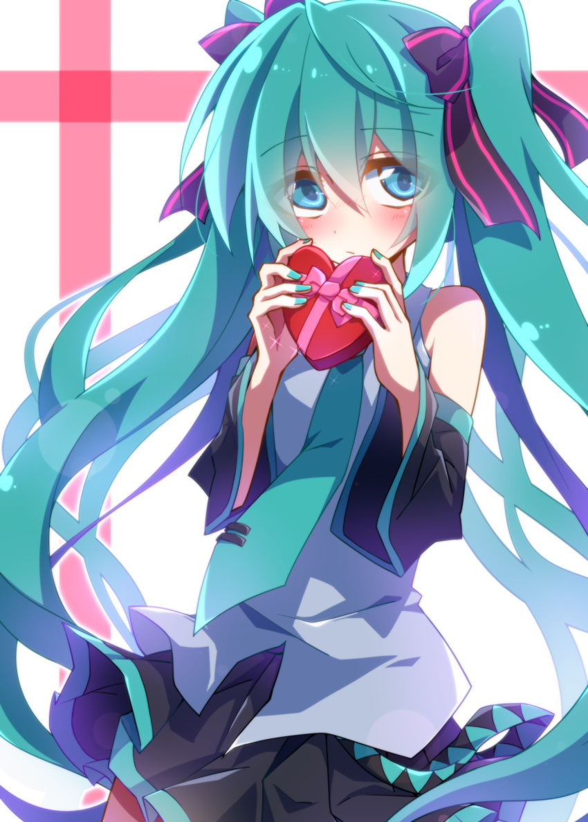 1girl aosaki_yato aqua_eyes aqua_hair blush detached_sleeves hair_ribbon hatsune_miku highres long_hair looking_at_viewer necktie ribbon skirt solo twintails valentine very_long_hair vocaloid