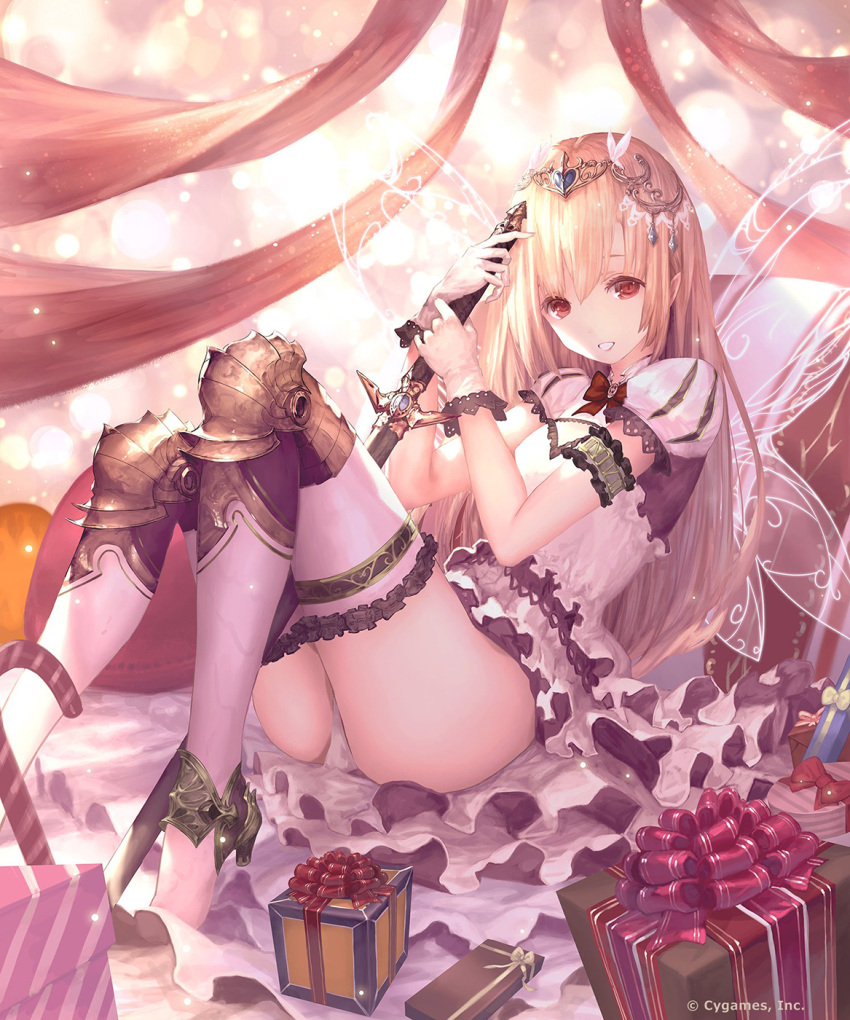 1girl bangs blonde_hair commentary_request dress fairy_wings frilled_dress frilled_legwear frills gift hair_between_eyes highres holding holding_sword holding_weapon layered_dress leg_armor long_hair looking_at_viewer parted_lips pointy_ears puffy_short_sleeves puffy_sleeves red_eyes shadowverse sheath sheathed shingeki_no_bahamut short_sleeves smile solo sword tachikawa_mushimaro thigh-highs thighs tiara watermark weapon white_dress white_legwear wings