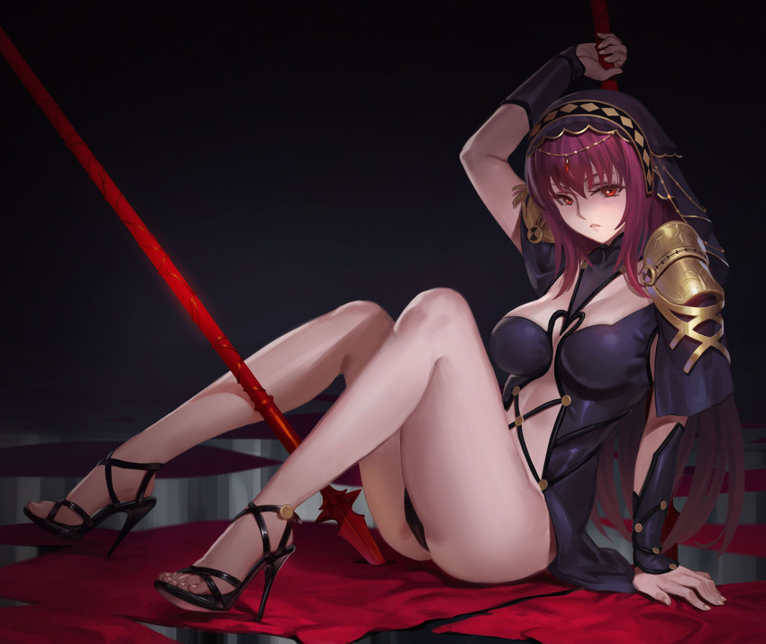 1girl 676264220 breasts covered_navel fate/grand_order fate_(series) full_body gae_bolg high_heels highres large_breasts long_hair long_legs looking_at_viewer pauldrons polearm purple_hair red_eyes scathach_(fate/grand_order) solo spear veil weapon