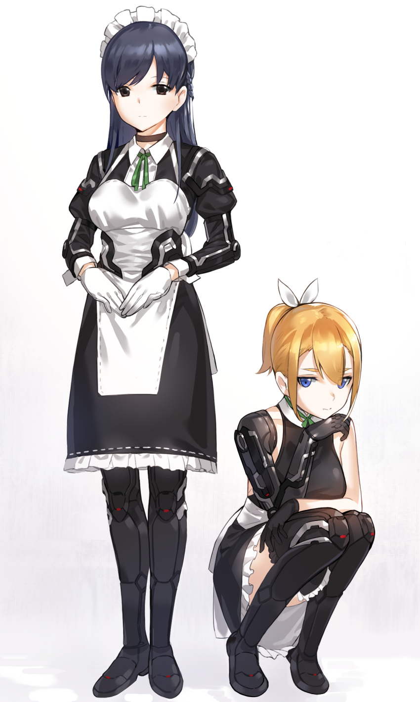 2girls apron black_hair blonde_hair breasts choker copyright_request cyborg gloves grey_eyes hair_ribbon highres large_breasts long_hair long_sleeves maid maid_apron maid_headdress multiple_girls pantyhose ponytail prosthesis prosthetic_arm prosthetic_leg ribbon short_sleeves sidelocks squatting standing thigh-highs white_background white_gloves