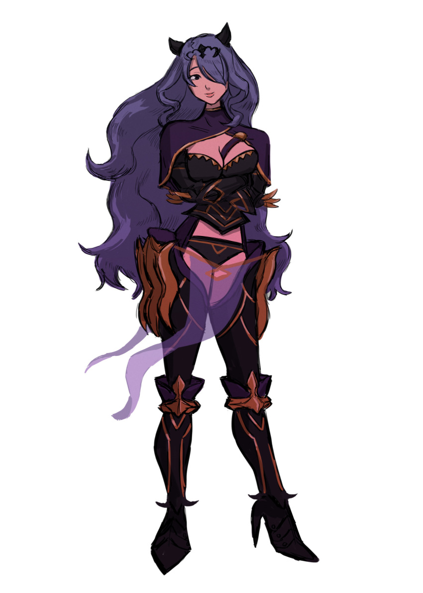 1girl armor camilla_(fire_emblem_if) cleavage_cutout fire_emblem fire_emblem_if hair_ornament hair_over_one_eye high_heels highres looking_at_viewer purple_hair simple_background smile violet_eyes white_background