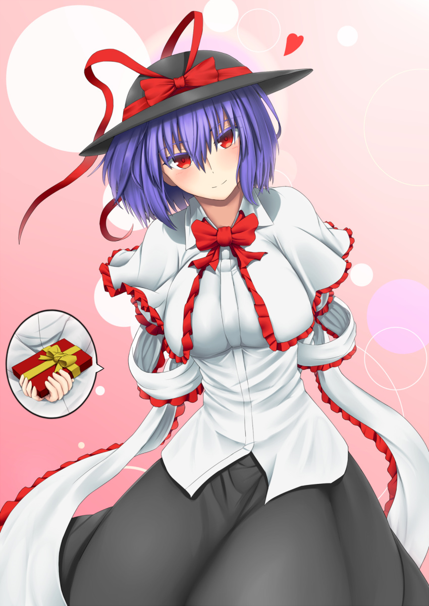 1girl arms_behind_back bangs black_hat black_skirt blue_hair blush bow bowtie box capelet closed_mouth cowboy_shot frills gift gift_box gnlo hair_between_eyes hat hat_bow hat_ribbon head_tilt highres nagae_iku red_bow red_bowtie red_eyes red_ribbon ribbon shawl shirt short_hair skirt smile solo spoken_object touhou tsurime white_shirt
