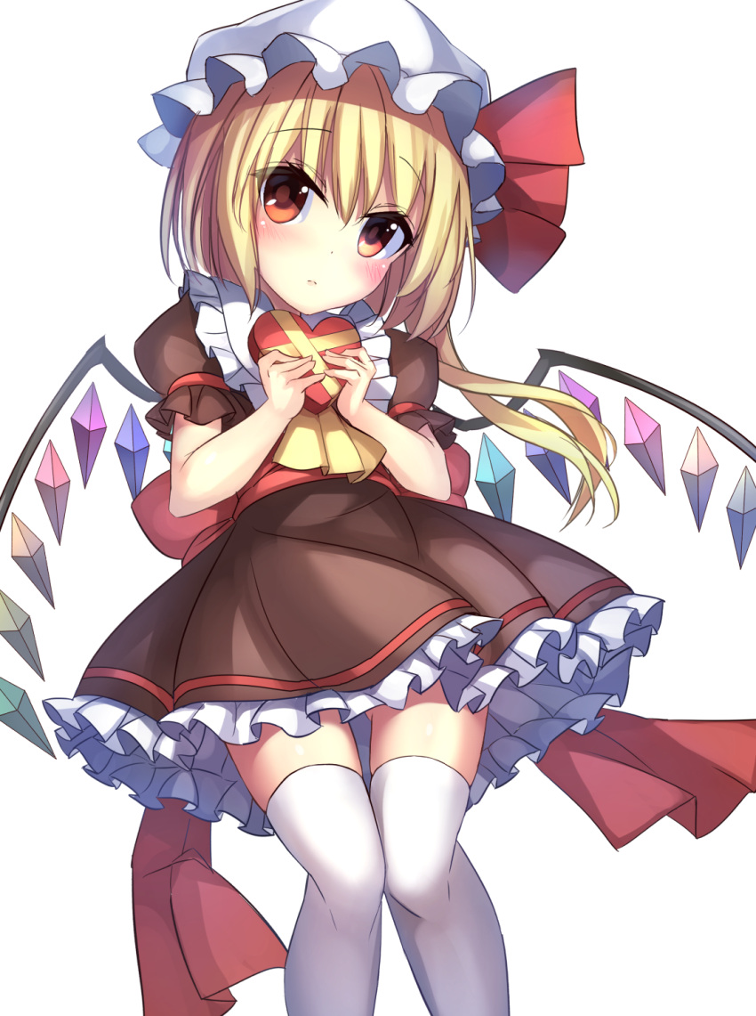 1girl alternate_costume blonde_hair blush bow brown_dress crystal demon_wings dress eyebrows_visible_through_hair flandre_scarlet frilled_shirt_collar frills gift hat hat_ribbon head_tilt heart-shaped_box highres holding holding_gift janne_cherry knees_together_feet_apart long_hair looking_at_viewer mob_cap puffy_short_sleeves puffy_sleeves rainbow_order red_bow red_eyes red_ribbon ribbon sash short_sleeves side_ponytail solo standing tareme thigh-highs thigh_gap touhou valentine w_arms white_hat white_legwear wings zettai_ryouiki