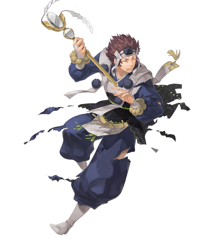 1boy asama_(fire_emblem_if) bracelet brown_hair closed_eyes fire_emblem fire_emblem_heroes fire_emblem_if full_body headband highres injury jewelry male_focus official_art okaya_mrh socks solo staff teeth transparent_background