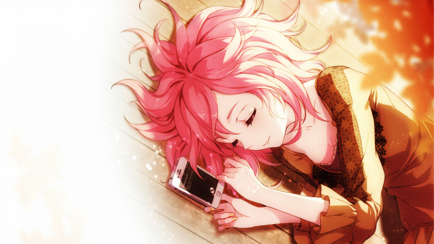 1girl breasts caidychen cellphone cleavage closed_eyes collarbone highres iphone lying on_back orange_shirt original phone pink_hair shirt short_hair small_breasts smartphone smile solo spiky_hair wooden_floor