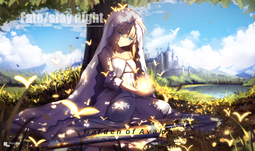 1girl animal bangs bare_shoulders blonde_hair blue_sky blunt_bangs blurry blush butterfly castle closed_mouth collarbone copyright_name dappled_sunlight day depth_of_field dress english fate/stay_night fate_(series) field glowing_butterfly grass green_eyes head_tilt highres holding insect lake magicians_(zhkahogigzkh) mountain outdoors plant saber scenery sheath sheathed sitting sky sleeveless sleeveless_dress smile solo spaghetti_strap sunlight sword tree under_tree veil weapon white_dress