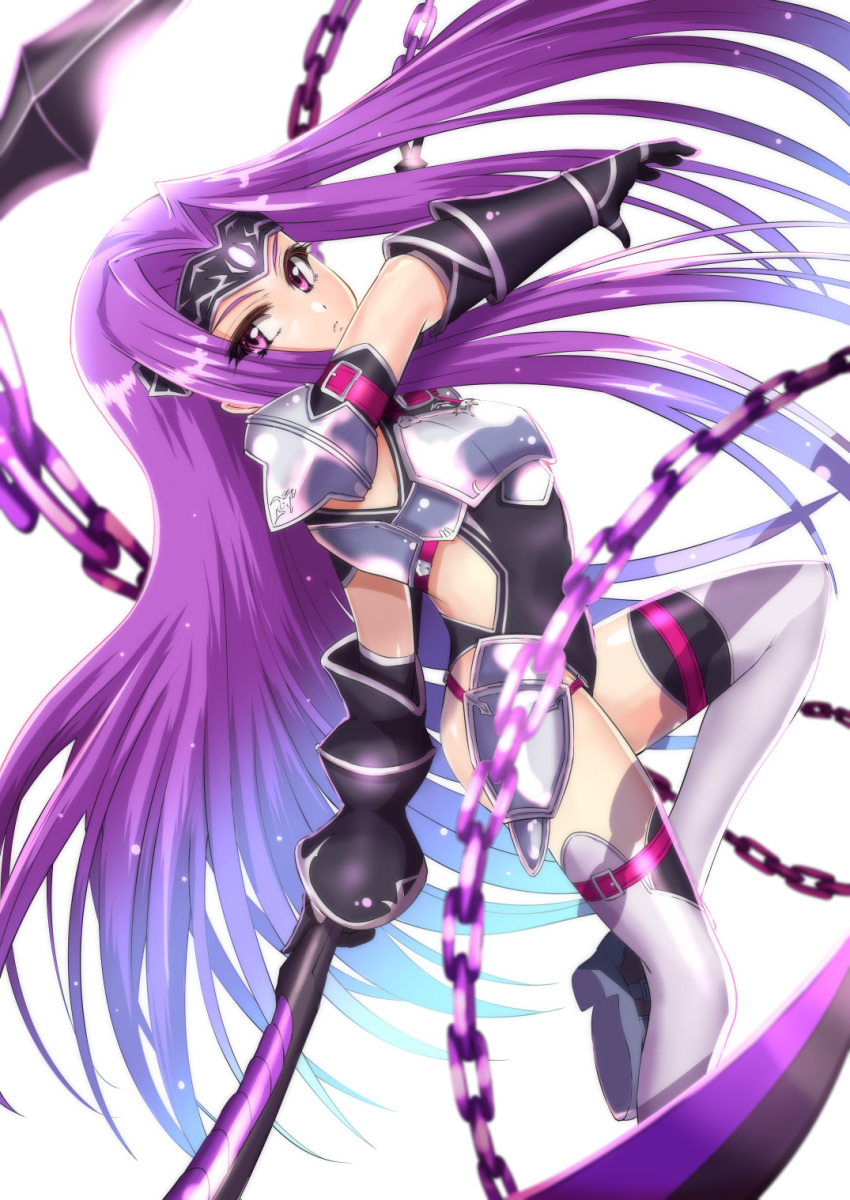 1girl armor armpit_peek belt breastplate fate/grand_order fate_(series) gloves grimjin headband highres hip_armor holding holding_weapon kusarigama leotard long_hair medusa_(lancer)_(fate) pauldrons purple_gloves purple_hair purple_legwear rider sickle solo thigh-highs very_long_hair violet_eyes weapon