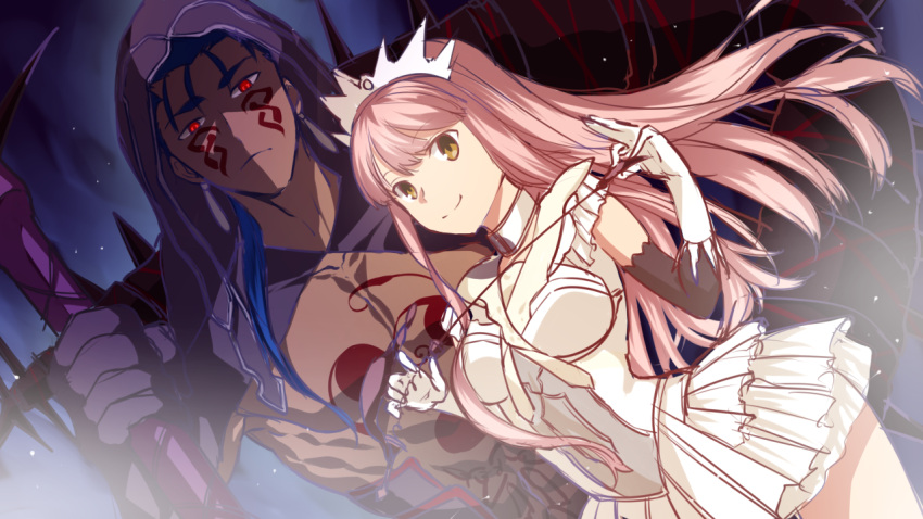 1boy 1girl bangs blue_hair blunt_bangs cowboy_shot cu_chulainn_alter_(fate/grand_order) dress dutch_angle earrings elbow_gloves facial_tattoo fate/grand_order fate_(series) frilled_dress frills gae_bolg gloves holding holding_weapon hood jewelry long_hair looking_at_viewer medb_(fate/grand_order) neck_ribbon pantsu_(lootttyyyy) pink_hair pleated_skirt red_eyes ribbon riding_crop shirtless sidelocks skirt smile spiked_tail tattoo tiara weapon white_dress white_gloves yellow_eyes
