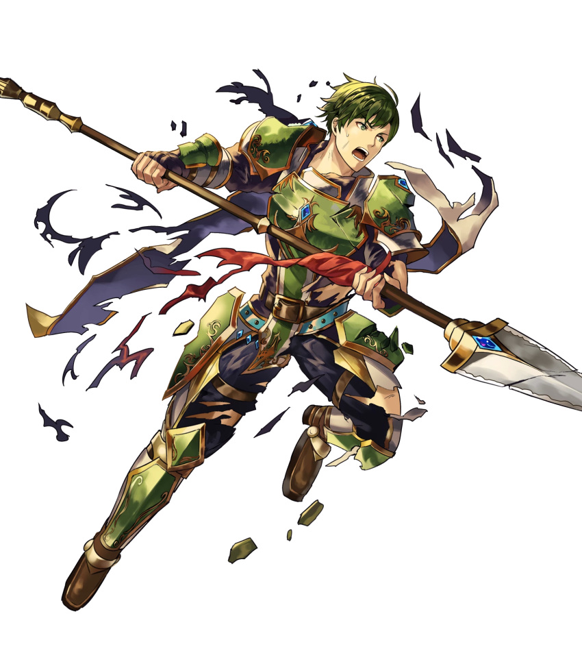 1boy abel_(fire_emblem) armor fingerless_gloves fire_emblem fire_emblem:_mystery_of_the_emblem fire_emblem_heroes full_body gloves green_eyes green_hair highres injury male_focus official_art open_mouth polearm solo spear teeth transparent_background weapon