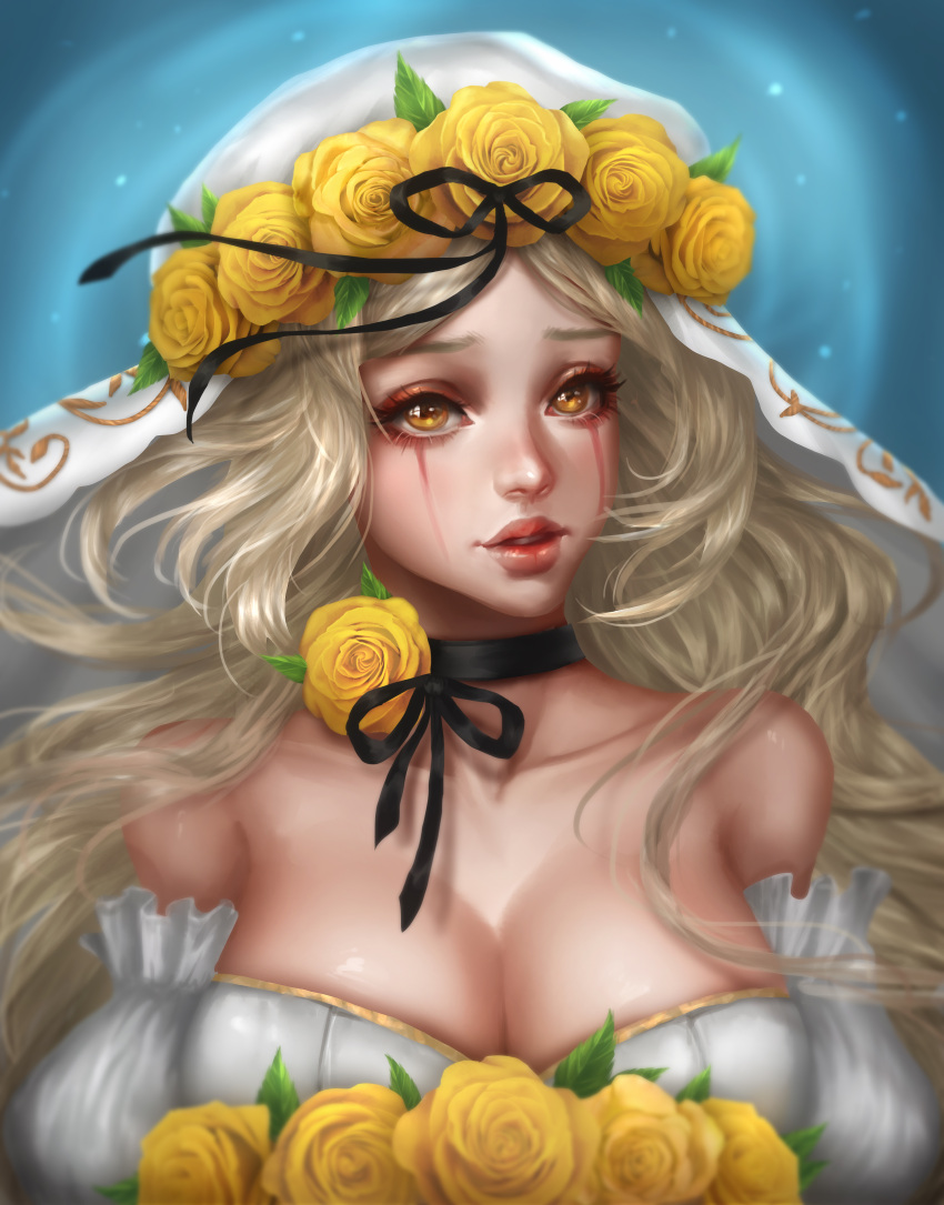 1girl absurdres black_ribbon blonde_hair breasts choker cleavage highres large_breasts long_hair parted_lips rena_illusion ribbon ribbon_choker solo yellow_eyes yellow_flower