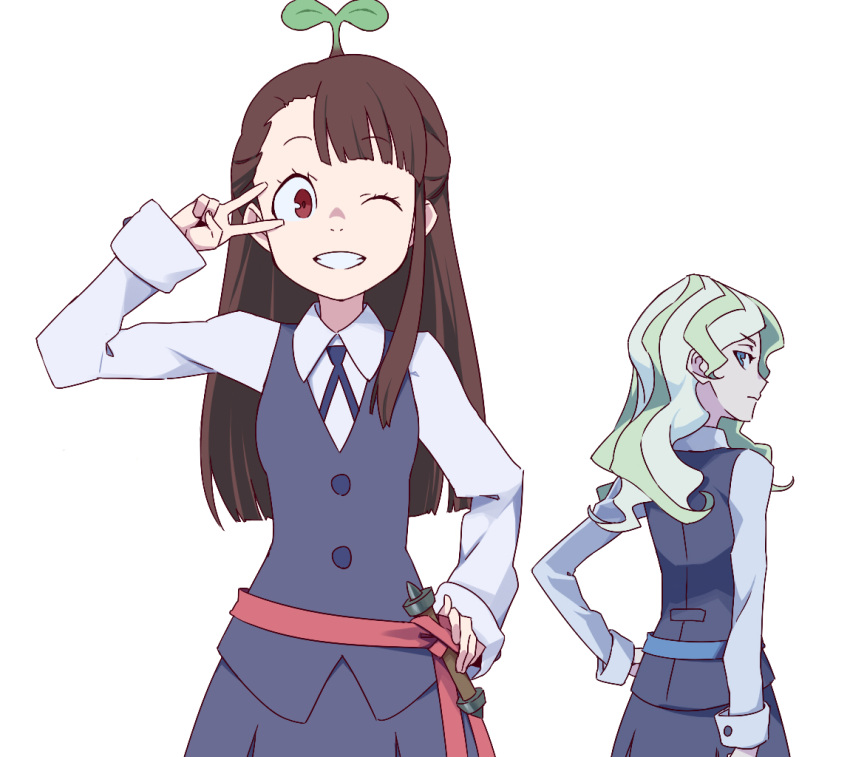 2girls akko_kagari asymmetrical_bangs bangs blonde_hair blue_eyes brown_hair diana_cavendish green_hair grin hand_on_hip little_witch_academia long_hair looking_at_viewer looking_back multicolored_hair multiple_girls needle_(pixiv20529936) red_eyes school_uniform smile two-tone_hair