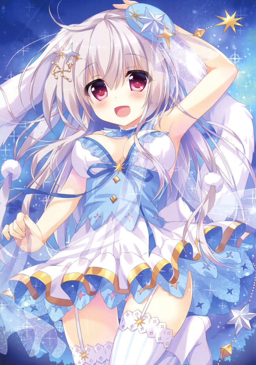 1girl :d absurdres ameto_yuki arm_up armpits boots breasts cleavage dress eyebrows_visible_through_hair garter_straps hair_ornament high_heel_boots high_heels highres long_hair looking_at_viewer medium_breasts open_mouth original red_eyes see-through silver_hair smile solo standing star star_hair_ornament striped striped_legwear thigh-highs white_boots white_legwear