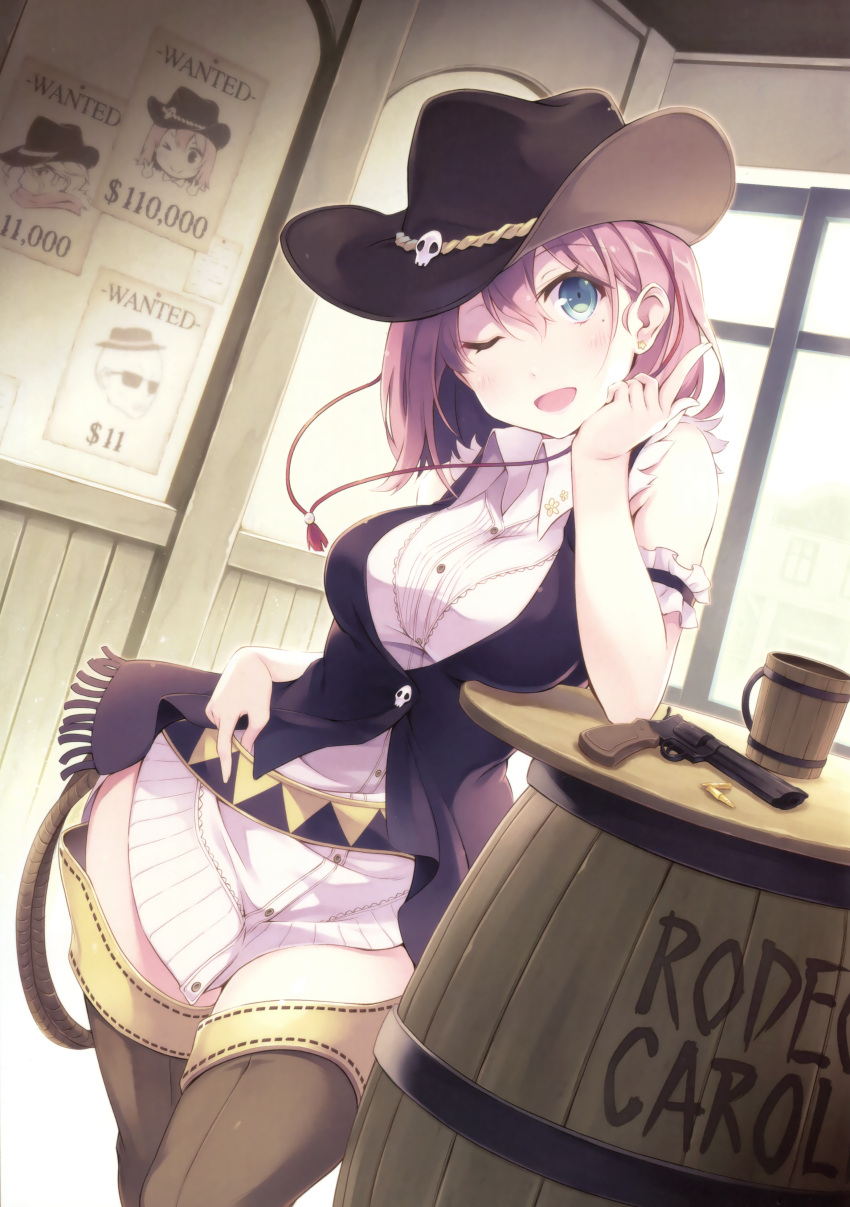 1girl ;d absurdres black_hat boots bottomless brown_boots dutch_angle furumiya_haiji gun hand_on_hip hat head_tilt highres index_finger_raised indoors mole mole_under_eye one_eye_closed open_mouth original pink_hair shirt short_hair sleeveless smile solo standing thigh-highs thigh_boots wanted weapon white_shirt window