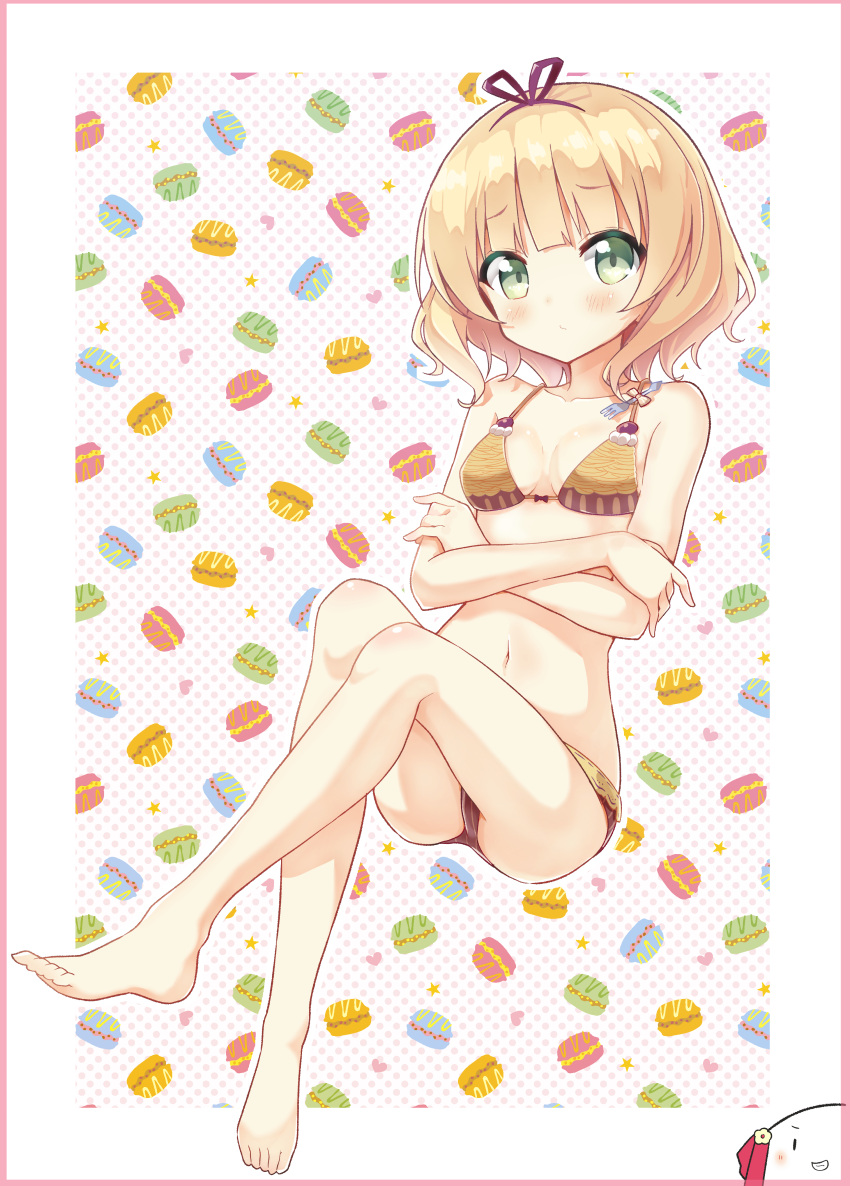 1girl absurdres bangs bare_legs barefoot blonde_hair blunt_bangs blush bow bow_bra bra breasts cleavage closed_mouth collarbone commentary_request crossed_arms embarrassed eyebrows_visible_through_hair food fork full_body gochuumon_wa_usagi_desu_ka? green_eyes hairband heart highres kirima_sharo legs_crossed looking_at_viewer macaron nanakusa_(user_rnpt7322) navel outline panties pink_border polka_dot polka_dot_background short_hair sidelocks small_breasts solo star stomach underwear underwear_only white_outline